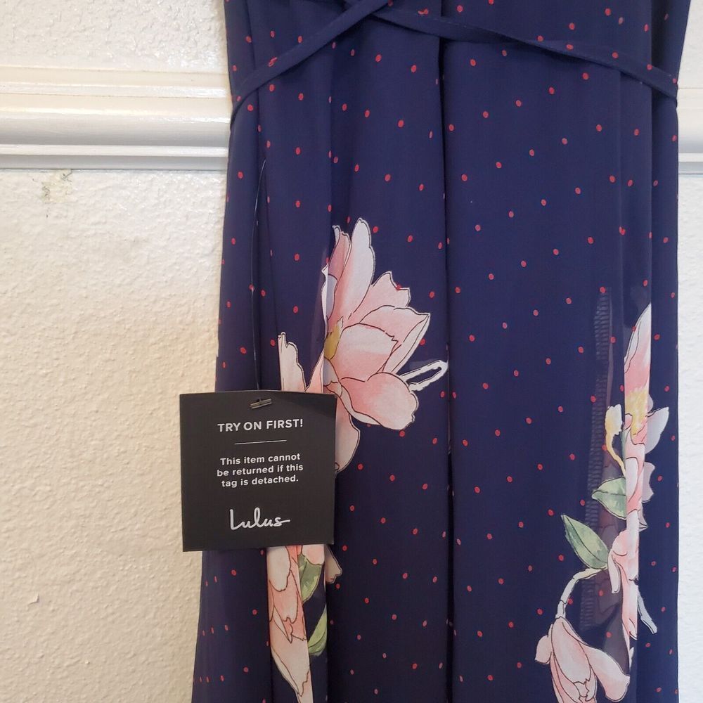 Lulus Maxi Dress Loiselle Navy Blue Floral Print Polka Dot Wrap Dress Size M NWT - Picture 12 of 16